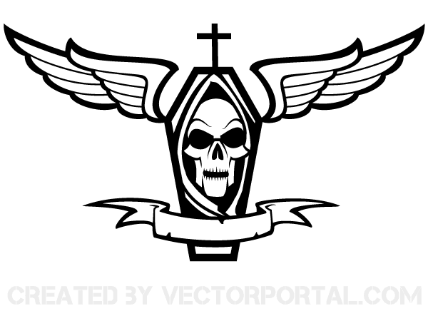 Coffin with Cross, Skull, Wings and Ribbon Vector Coffin with Cross, Skull, Wings and Ribbon Vector