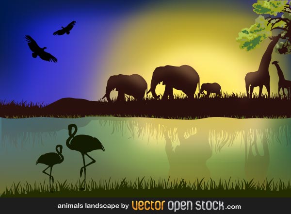 African Savannah Landscape with Elephant and Giraffe Silhouettes