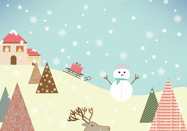 Winter Vector on Mountain with Snowflakes, Snowman and Trees