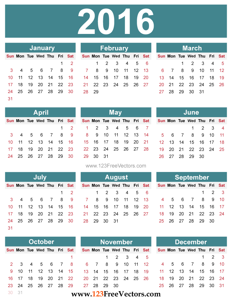 Free Editable 2016 Calendar  Download Free Vector Art 