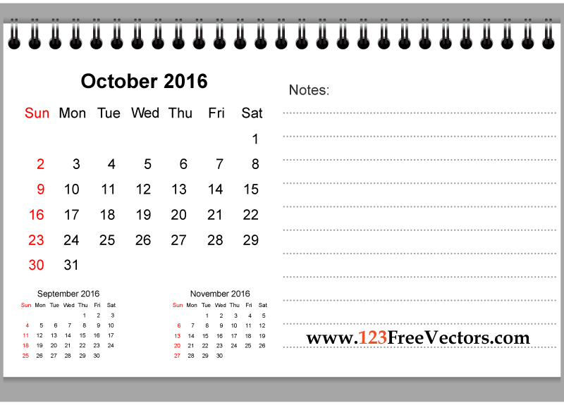 October 2016 Printable Calendar with Notes October 2016 Printable Calendar with Notes