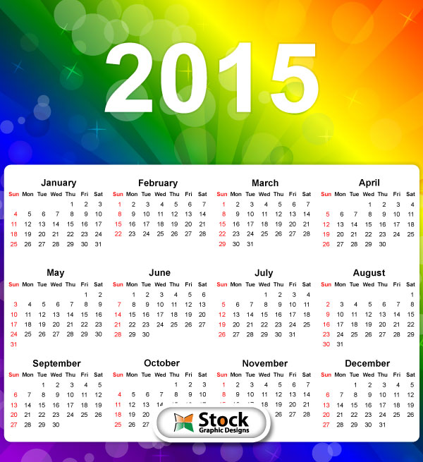 Vector 2015 Calendar on Rainbow Colors Background