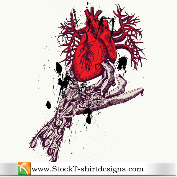 Skeleton Hand Holding Anatomical Red Heart With Free Tee Design